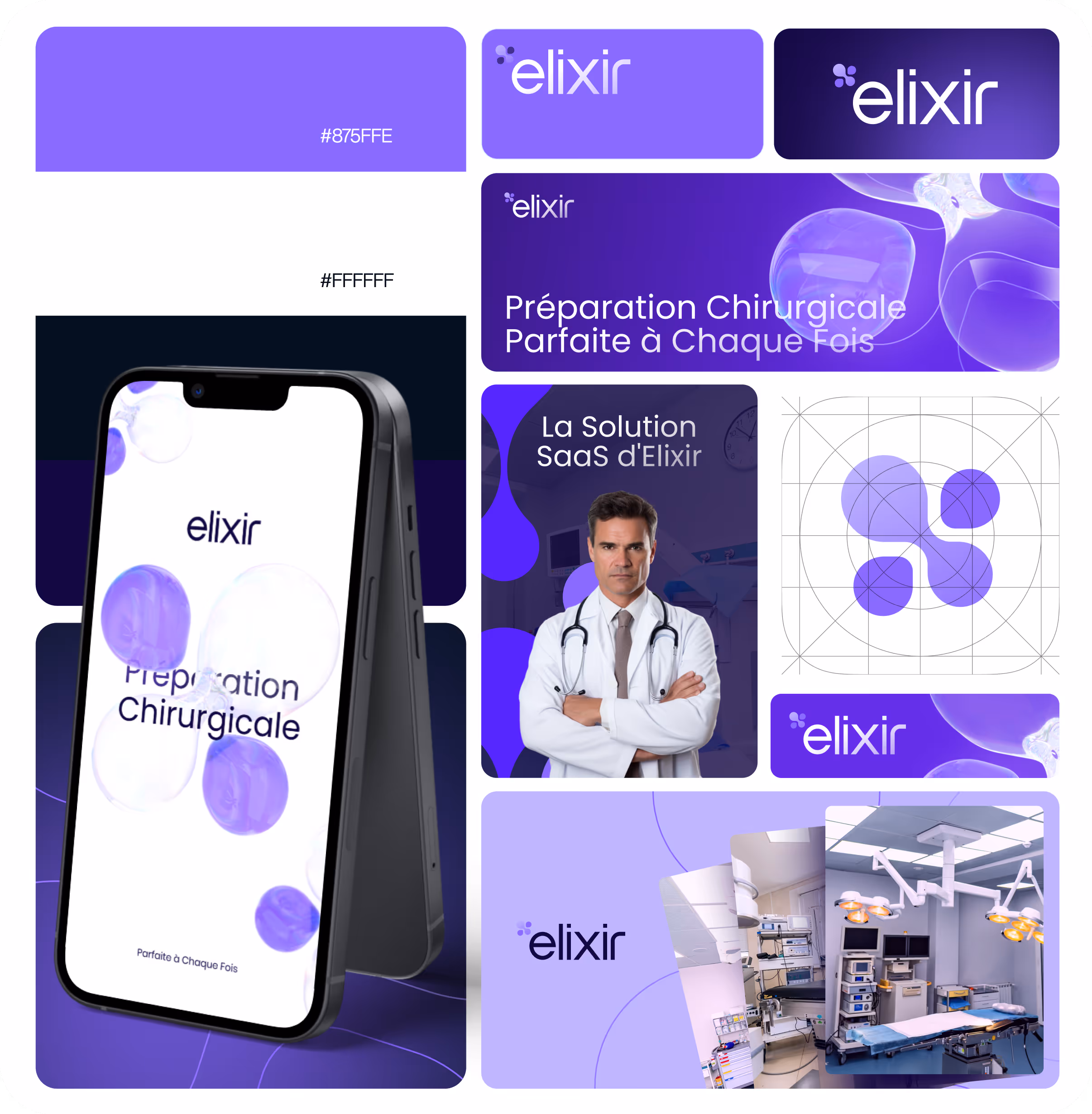 Elixir — Gaspa work: logo, pattern, purple palette and brand materials.