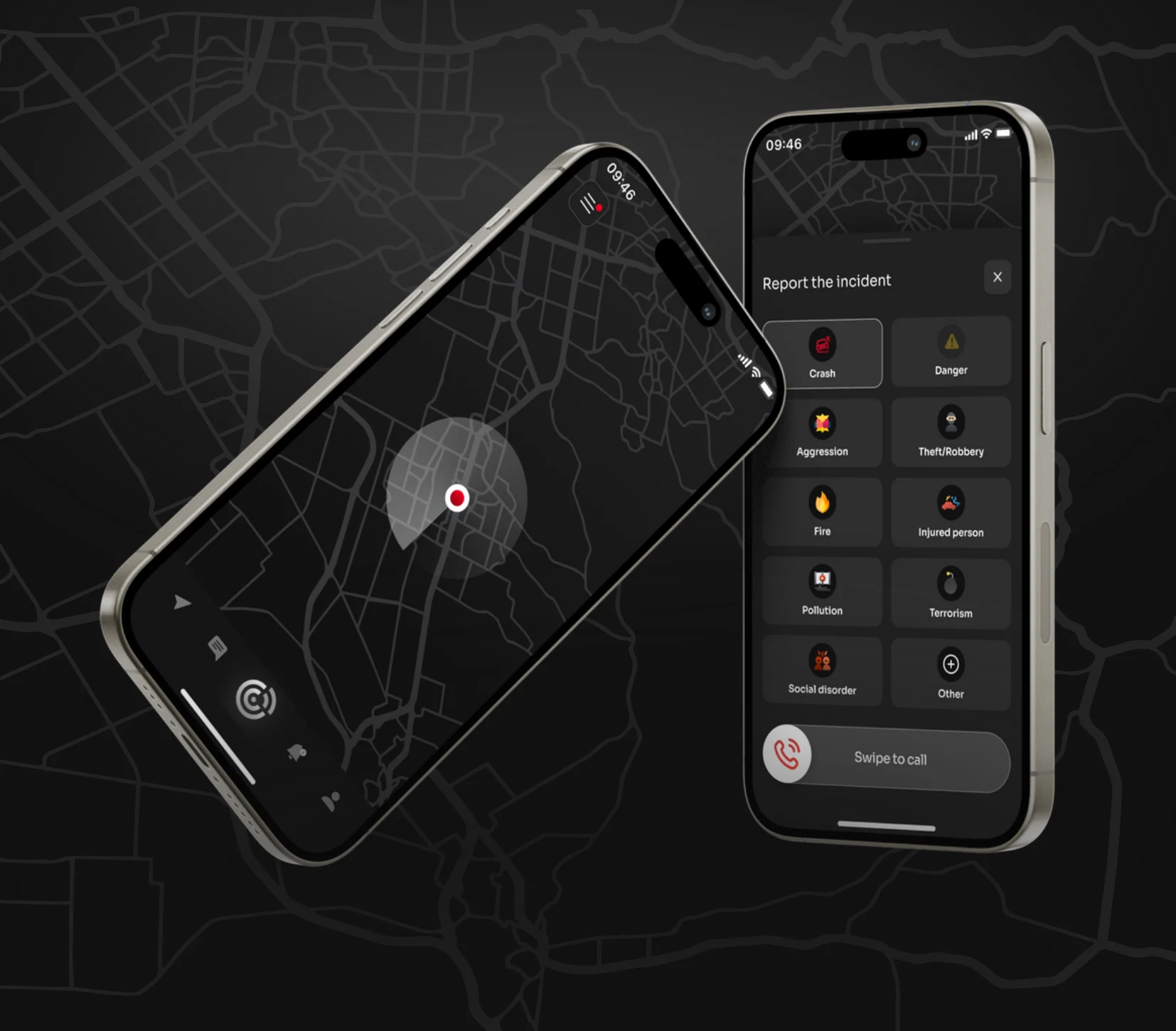 ProtectU : composition des écrans de géolocalisation et de signalement d’un incident. Intervention Gaspa sur l’UX/UI, les fonctions mobiles et le back-office.