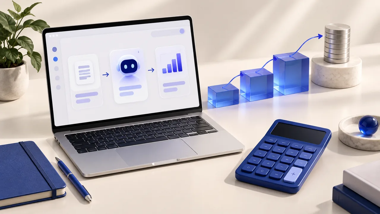 An AI assistant on a laptop, a calculator and investment milestones.