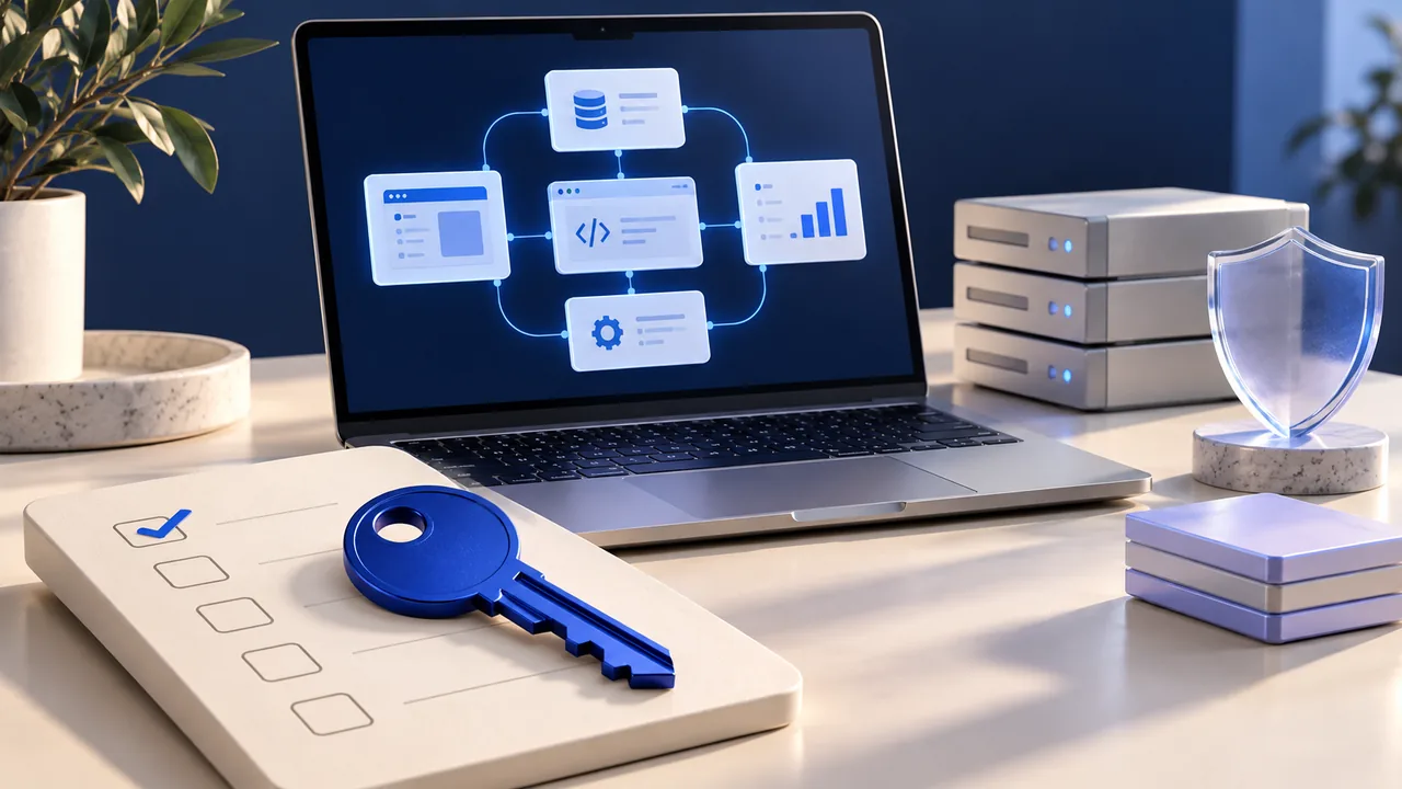 An access key, a checklist and the architecture of an application being taken over.