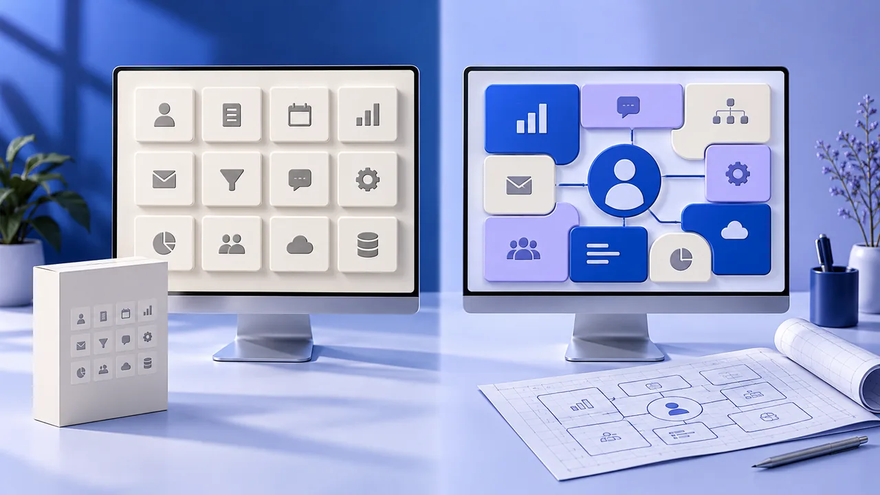 Two CRM approaches: standard modules and a layout tailored to business processes.